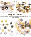 2100Pcs Flower Bead Caps And Spacers Set 4 Sizes Hollow Filigree End Caps in bronze, gold, silver shown as exquisite gift