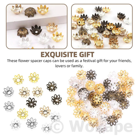 2100Pcs Flower Bead Caps And Spacers Set 4 Sizes Hollow Filigree End Caps in bronze, gold, silver shown as exquisite gift