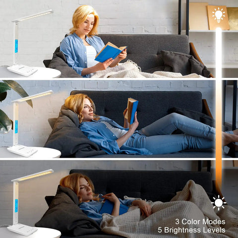 Woman reading with Desk Lamp With Wireless Charger And USB Port, Dimmable LED Table Light With Clock, Alarm, Date And Temperature.