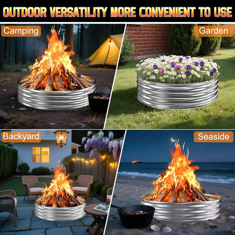 60 Inch Fire Pit Ring Heavy Duty Galvanized Steel For Outdoor Wood Burning Pits With Spark Guard in various settings