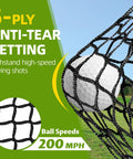 Close-up of 5-ply anti-tear netting on 10x7ft Golf Net For Backyard Practice, Heavy Duty Hitting Net With Mat, catching a golf ball
