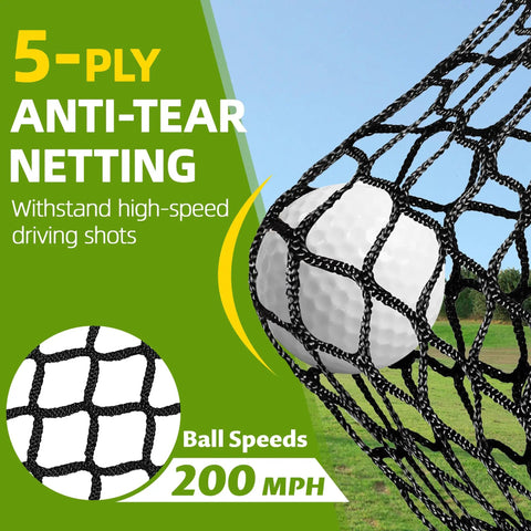 Close-up of 5-ply anti-tear netting on 10x7ft Golf Net For Backyard Practice, Heavy Duty Hitting Net With Mat, catching a golf ball