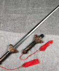 Scalable Tai Chi Training Sword Kit With Storage Pouch And Instructional Videos, 35.4 Inch Extendable Blade, ornate handle design.