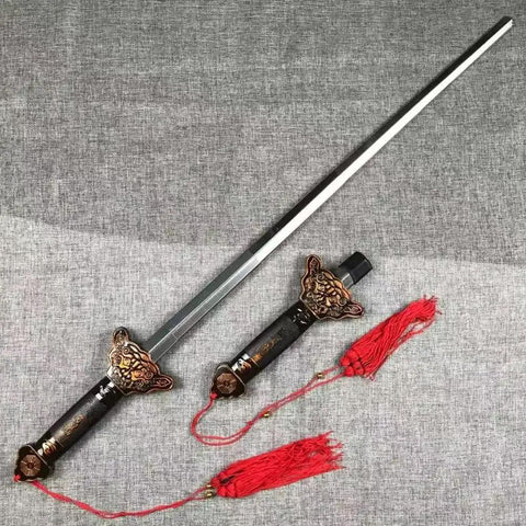 Scalable Tai Chi Training Sword Kit With Storage Pouch And Instructional Videos, 35.4 Inch Extendable Blade, ornate handle design.