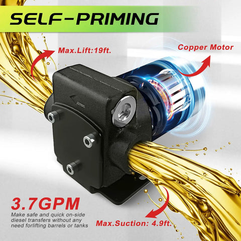 Portable 110V Fuel Transfer Pump With Forward And Reverse Pumping Self Priming 2.3 To 3.7 GPM featuring copper motor
