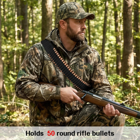 Hunter in forest wearing Adjustable 50 Round Rifle Shell Holder Sling For Rifles - Durable Nylon Two Point Gun Belt