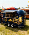 No Fuss Commercial Hot Dog Truck Trailer With Stainless Steel Catering Cart, Built In Grill, Fresh Water Tank, Power Supply System, Fully Equipped Mobile Kitchen Ready To Roll And Grind Daily, exterior view with colorful umbrellas