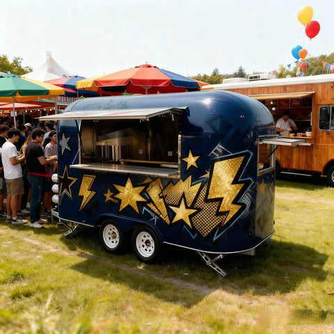 No Fuss Commercial Hot Dog Truck Trailer With Stainless Steel Catering Cart, Built In Grill, Fresh Water Tank, Power Supply System, Fully Equipped Mobile Kitchen Ready To Roll And Grind Daily, exterior view with colorful umbrellas