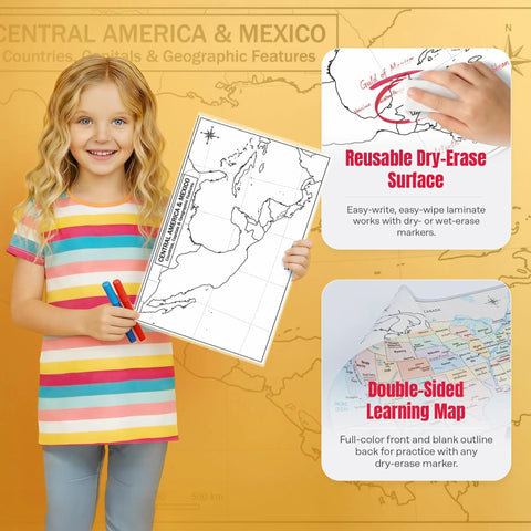 Child holding 11x17 Laminated Dry Erase Central America And Mexico Map, showcasing double-sided design and dry-erase features.