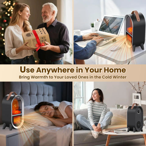 Portable Electric Fireplace Heater For Indoor Use With 1500W High And 750W Low Settings Realistic 3D Flame Thermostat Carry Handle Overheat And Tip Over Protection All Season Cozy Space Heater For Home Office Bedroom Desk Black in various home settings