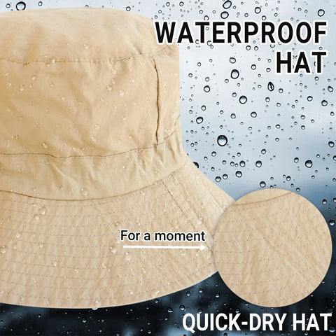 Beige quick-dry waterproof hat with raindrop detail, showcasing Unisex Sun Bucket Hat With UV Protection, Lightweight Packable And Foldable Waterproof Beach And Hiking Hat For Men And Women, Breathable Sun Shield For All Your Sunny Day Outdoor Adventures, Beach-Ready Black.