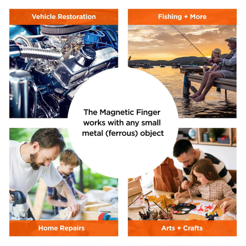 Collage showing uses of Grip Ready Magnetic Glove Pick Up Tool for vehicle restoration, fishing, home repairs, and arts & crafts.