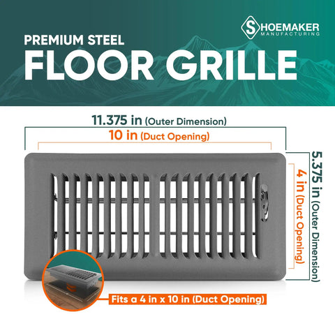 4x10 Storm Gray Floor Register Vent Cover, Heavy Duty Metal Floor Vent For Home HVAC, easy fit with built-in damper