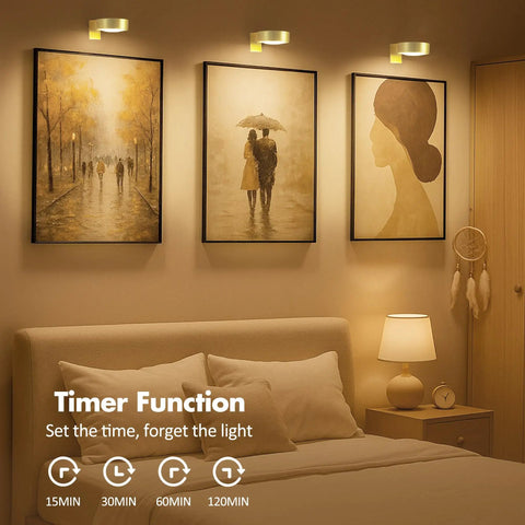 3 Pack Wireless Picture Lights For Wall, Battery Operated Poster Lamps With Polished Gold Finish illuminating framed artwork.