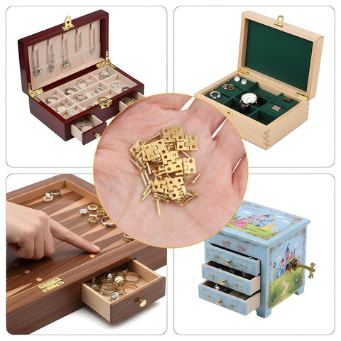 Gold Copper Mini Hinges For Crafts Pack Of 500 With Matching Screws in various jewelry box settings