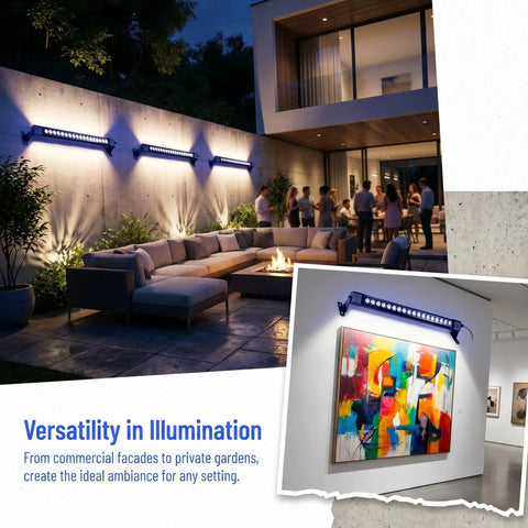 36W LED Wall Washer Light Bars, 2ft 5000K illuminating outdoor patio and interior art gallery, waterproof IP67, aluminum