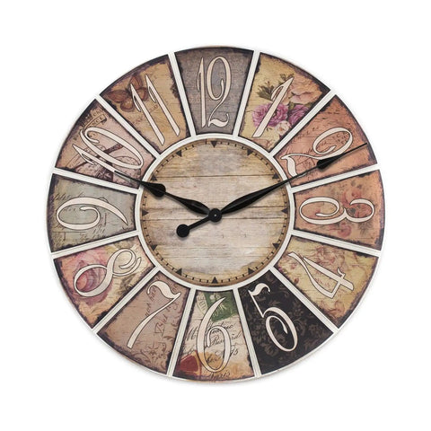 Vintage clock face with decorative numerals and floral design showing high torque quartz clock movement with long shaft and 12 inch spade hands for diy clock builds replacement mechanism for thick panels and big dials