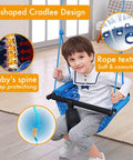 Child seated in blue Indoor Outdoor Handmade DIY Net Swing For Kids With Adjustable Rope Versatile Backyard Playground Swing.