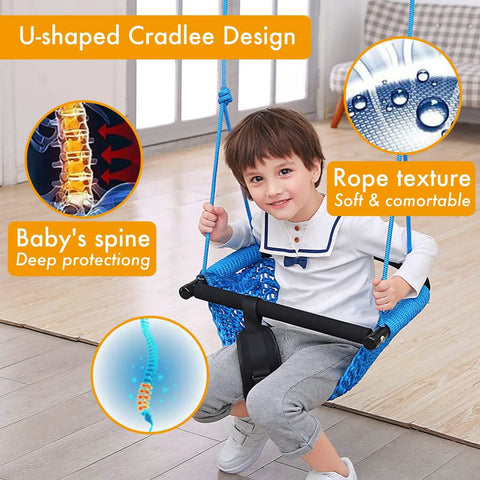 Child seated in blue Indoor Outdoor Handmade DIY Net Swing For Kids With Adjustable Rope Versatile Backyard Playground Swing.
