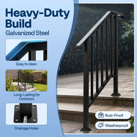2 pack galvanized steel hand rails for outdoor steps with 27.1 inch curved ends and safety balusters exterior railing kit
