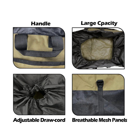 Vented Wader Bag With Mesh Panels For Fishing And Hunting, showing handle, large capacity interior, adjustable draw-cord, mesh panels.