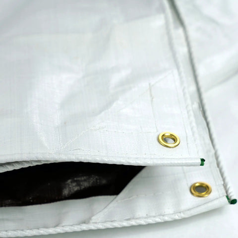 Close-up of Ultra Heavy Duty Waterproof Tarp 12 Ft By 16 Ft 16 Mil Thick With Rope Hem Reinforced Corners Brass Grommets