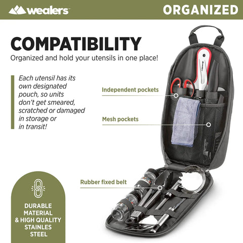 Interior of 12 Piece Camp Kitchen Cooking Utensil Set With Travel Organizer Portable Grill Tools For Backpacking Camping And Hiking Water Resistant Case Compact Gear For BBQ Outdoor Cookware Kit Gray showing organized compartments