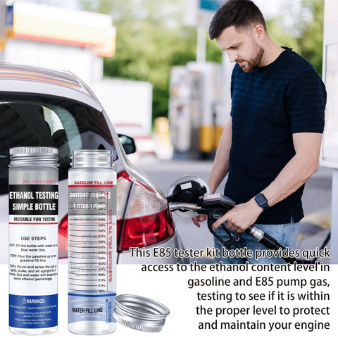 2 Pack Reusable E85 Ethanol Tester Kit With Wide Mouth Bottles shown with man filling gasoline in car