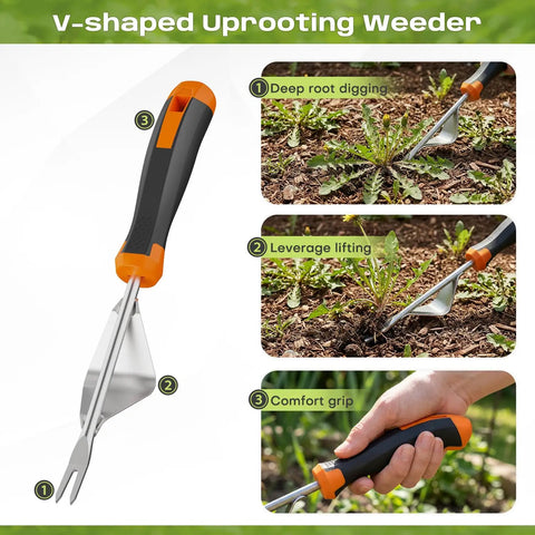 Three In One Weed Puller Tool Set With Ergonomic Handle And Stainless Steel Heads for weeding and root digging in gardens.
