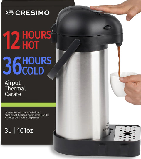 Person using Three Liter Coffee Dispenser With Pump And Tray 102Oz Keeps Drinks Hot Up To 12 Hours And Cold For 36 Hours Stainless Steel