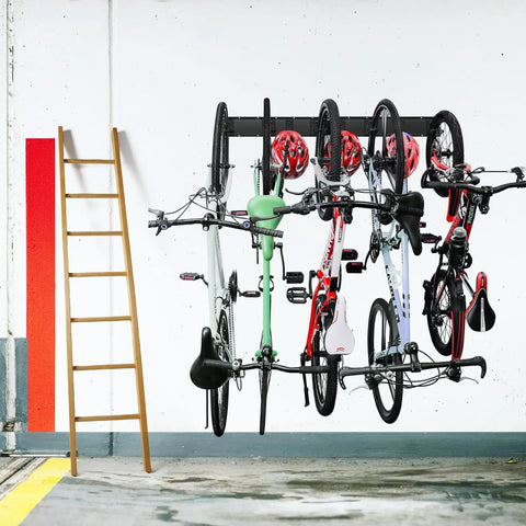 Wall Mount Bike Storage Rack For 5 Bikes And 3 Helmets, Heavy Duty Indoor Garage Organizer With 8 Hooks And 3 Rails