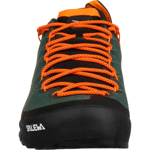 Front view of Men's Wildfire Canvas Hiking Shoe In Bungee Cord Black, with orange laces, Size 11 M