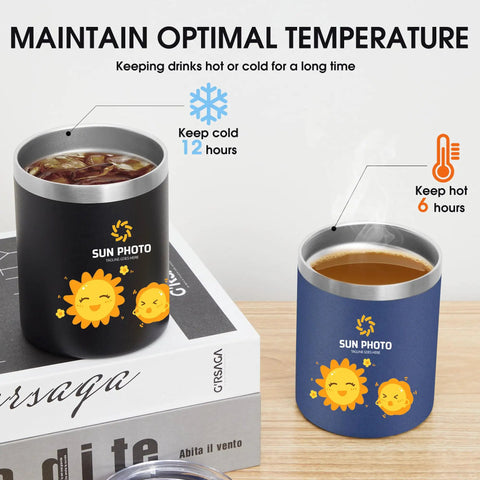 Custom Printed Stainless Steel Tumbler 12 Oz Travel Coffee Cup Double Wall Insulated Mug With Lid And Straw Bulk Fresh Custom Look For On The Go Hydration Squad Made In Usa showing navy blue and black tumblers with drinks.