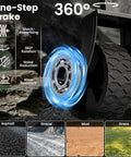 Shock-absorbing wheel of Foldable Wagon With Wheels Grab And Go Portable Collapsible Cart For Camping Groceries Garden And Sports Lightweight 10 lb Utility Wagon With Flexible Handle Black with 360° rotation and one-step brake on various terrains.