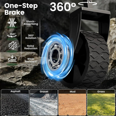 Shock-absorbing wheel of Foldable Wagon With Wheels Grab And Go Portable Collapsible Cart For Camping Groceries Garden And Sports Lightweight 10 lb Utility Wagon With Flexible Handle Black with 360° rotation and one-step brake on various terrains.