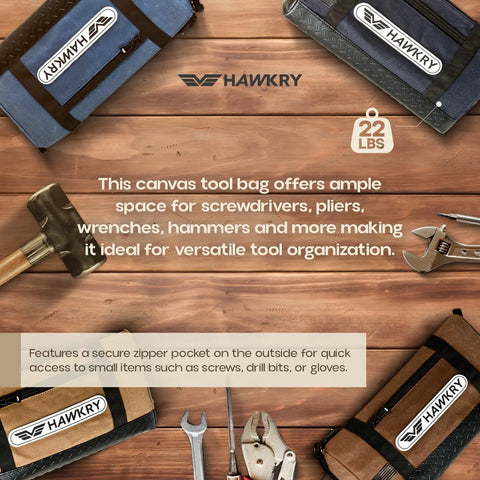 Canvas Tool Pouch Set 4 Pack Heavy Duty Tool Organizer Bags With Zipper on wooden surface with tools