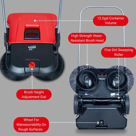 Heavy Duty Turbo Hand Sweeper With Dual Disc Brushes And Beltless Drive Works Like A Super Champ Crushing Fine Dust And Grime Across A 75 Centimeters Sweep Path, featuring dual disc brushes and water-resistant head.