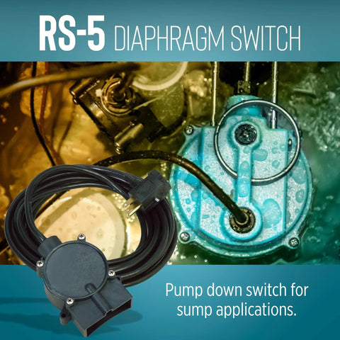RS 5 115 Volt Piggyback Diaphragm Pump Down Switch For Sump Or Utility Pumps, close-up of pump switch and installation