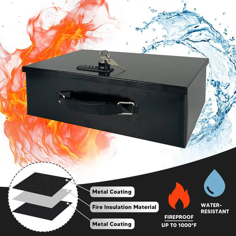 Fireproof Document Safe Box With Dual Lock System, Combination And Key Lock, Fire Resistant Safe With Handle, Black