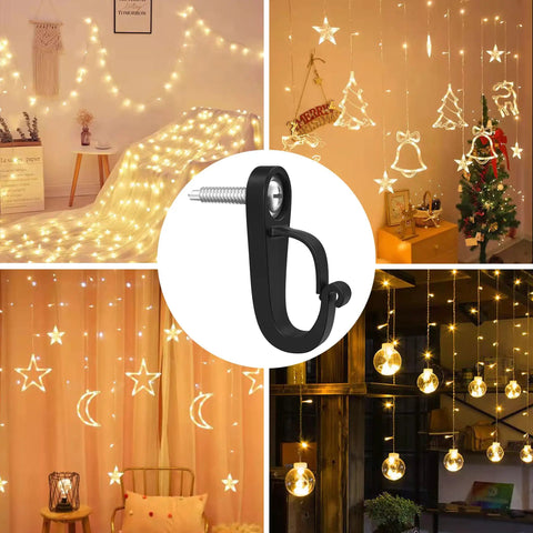 Heavy Duty Screw In Hooks for Outdoor String Lights and Indoor Decor with Safety Buckle Design, 14 Pack Black shown in use