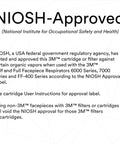 NIOSH approval text for 3M respirator cartridges and filters for use with 6000, 7000, FF-400 Series, featuring regulatory statement.
