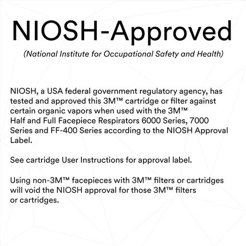 NIOSH approval text for 3M respirator cartridges and filters for use with 6000, 7000, FF-400 Series, featuring regulatory statement.