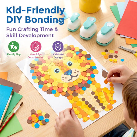 Child crafting with paper circles using a Three Circle Paper Punch Set With Sizes One Inch Five Eighths Inch And Three Eighths Inch for DIY projects