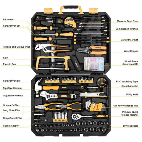 Must-Have All-In-One 198 Piece Home Repair Tool Kit With Plastic Toolbox For DIY Projects, tools displayed inside case.