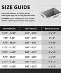 Size guide table for selecting Pro Grates Steel Floor Register Brown 4x10 Inch Contractor Grade Powder Coated Floor Vent.