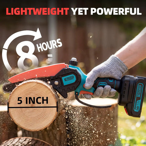Person using Powerful Brushless 6 Inch Cordless Mini Chainsaw For Quick Yard Cuts on a five-inch log