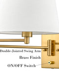 Gold Swing Arm Wall Sconces Two Pack Plug In Brass Wall Lights With White Fabric Shade Adjustable Arms close-up view