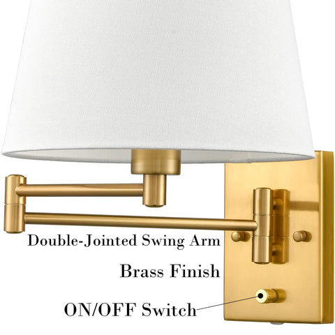 Gold Swing Arm Wall Sconces Two Pack Plug In Brass Wall Lights With White Fabric Shade Adjustable Arms close-up view