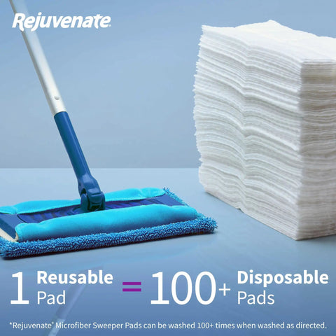 Reusable Microfiber Sweeper Pads That Fit Swiffer Mops Like A Charm Machine Washable Over One Hundred Times shown with disposable pads.