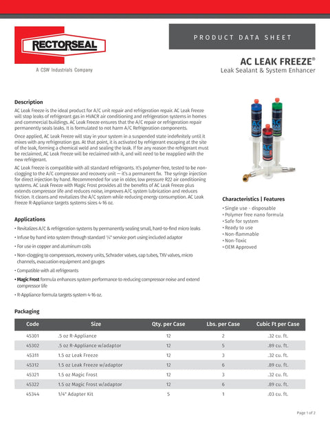 AC Leak Freeze Magic Frost Leak Sealant With One Quarter Inch Adapter, Non Polymer Formula, Safe For Refrigeration Systems, Easy Quick Fix For HVAC Repairs, 0.5 Oz, product detail sheet with image of sealant bottles and specifications.